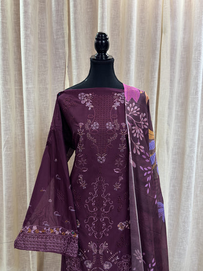 Inspired Ramsha Deep Plum Purple Semi-stitched Embroidered Cotton Suit