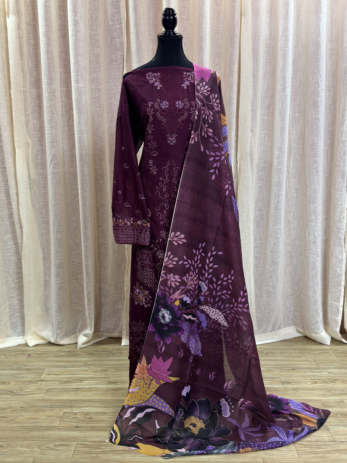 Inspired Ramsha Deep Plum Purple Semi-stitched Embroidered Cotton Suit