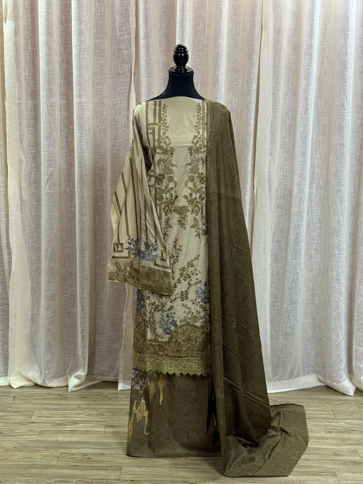 Inspired Maria B Ivory Olive Semi-stitched Embroidered Semi-Lawn Suit