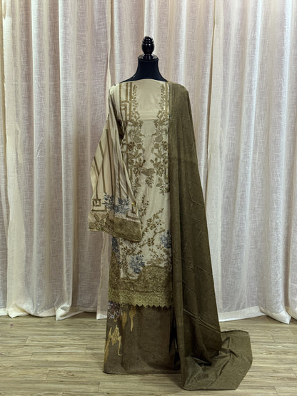 Inspired Maria B Ivory Olive Semi-stitched Embroidered Semi-Lawn Suit