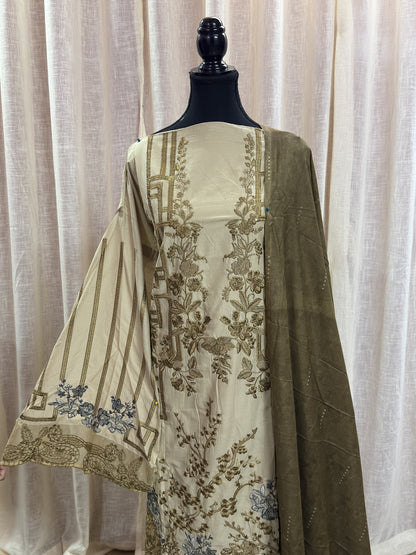 Inspired Maria B Ivory Olive Semi-stitched Embroidered Semi-Lawn Suit
