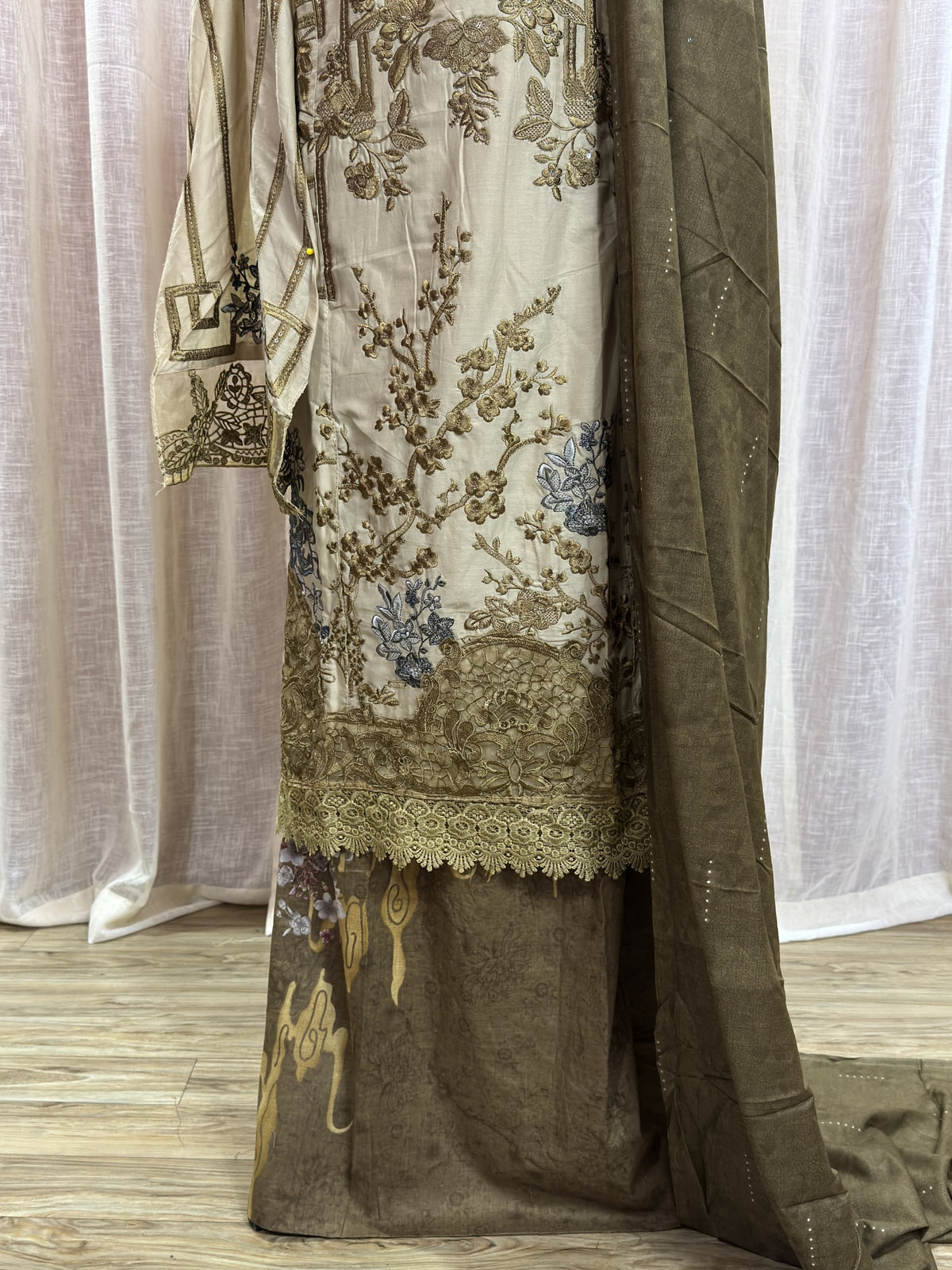 Inspired Maria B Ivory Olive Semi-stitched Embroidered Semi-Lawn Suit