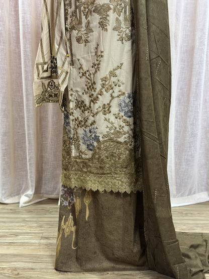 Inspired Maria B Ivory Olive Semi-stitched Embroidered Semi-Lawn Suit