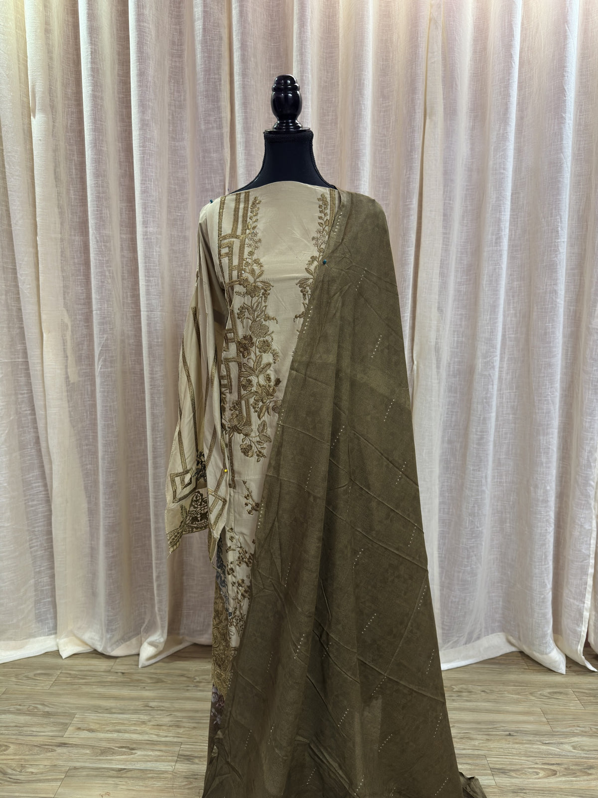 Inspired Maria B Ivory Olive Semi-stitched Embroidered Semi-Lawn Suit