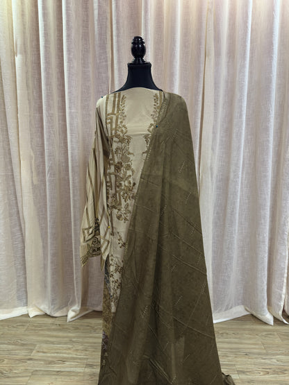 Inspired Maria B Ivory Olive Semi-stitched Embroidered Semi-Lawn Suit