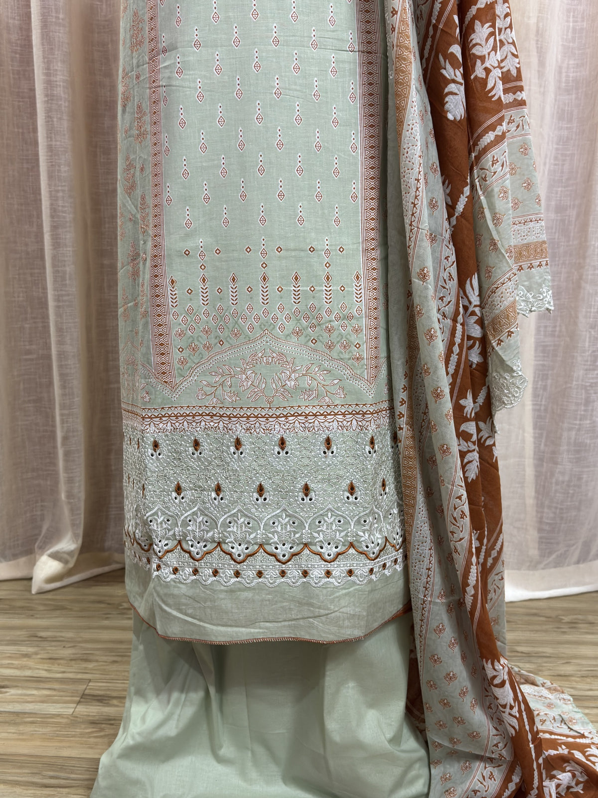 Inspired Alfaaz by Al Marina Sage Mint Green Chikankari Cotton Suit