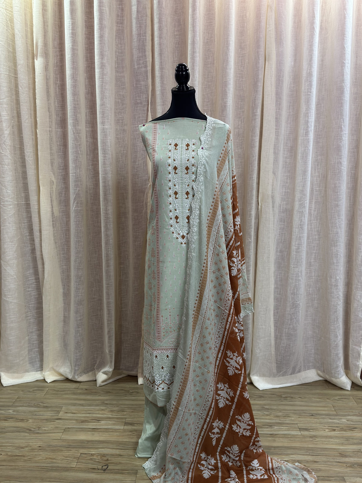 Inspired Alfaaz by Al Marina Sage Mint Green Chikankari Cotton Suit