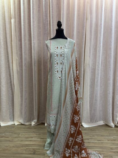 Inspired Alfaaz by Al Marina Sage Mint Green Chikankari Cotton Suit