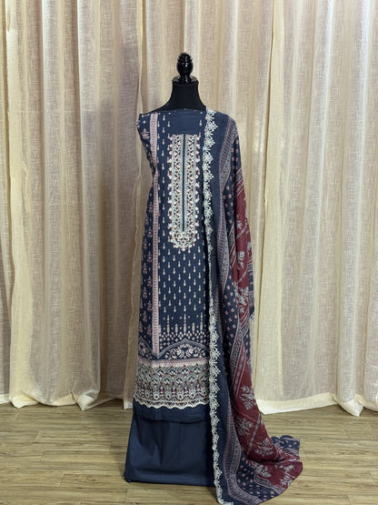 Inspired Alfaaz by Al Marina Navy Blue Chikankari Cotton Suit