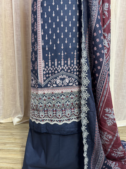 Inspired Alfaaz by Al Marina Navy Blue Chikankari Cotton Suit