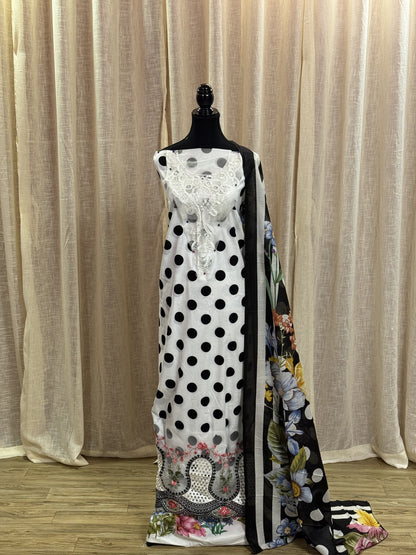Inspired Maria B White Unstitched Polka Patch Work Cotton Suit