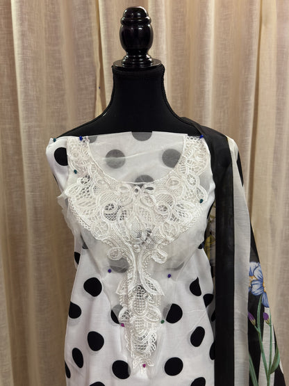 Inspired Maria B White Unstitched Polka Patch Work Cotton Suit