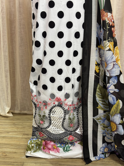 Inspired Maria B White Unstitched Polka Patch Work Cotton Suit