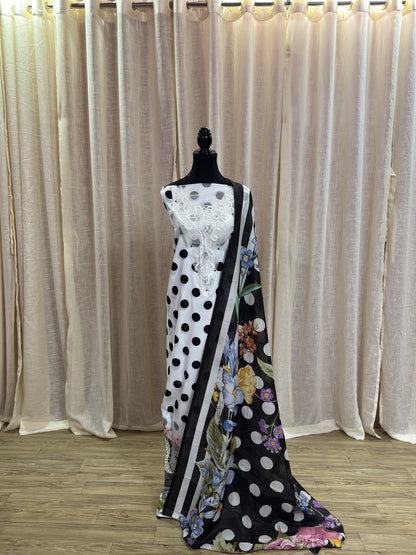 Inspired Maria B White Unstitched Polka Patch Work Cotton Suit
