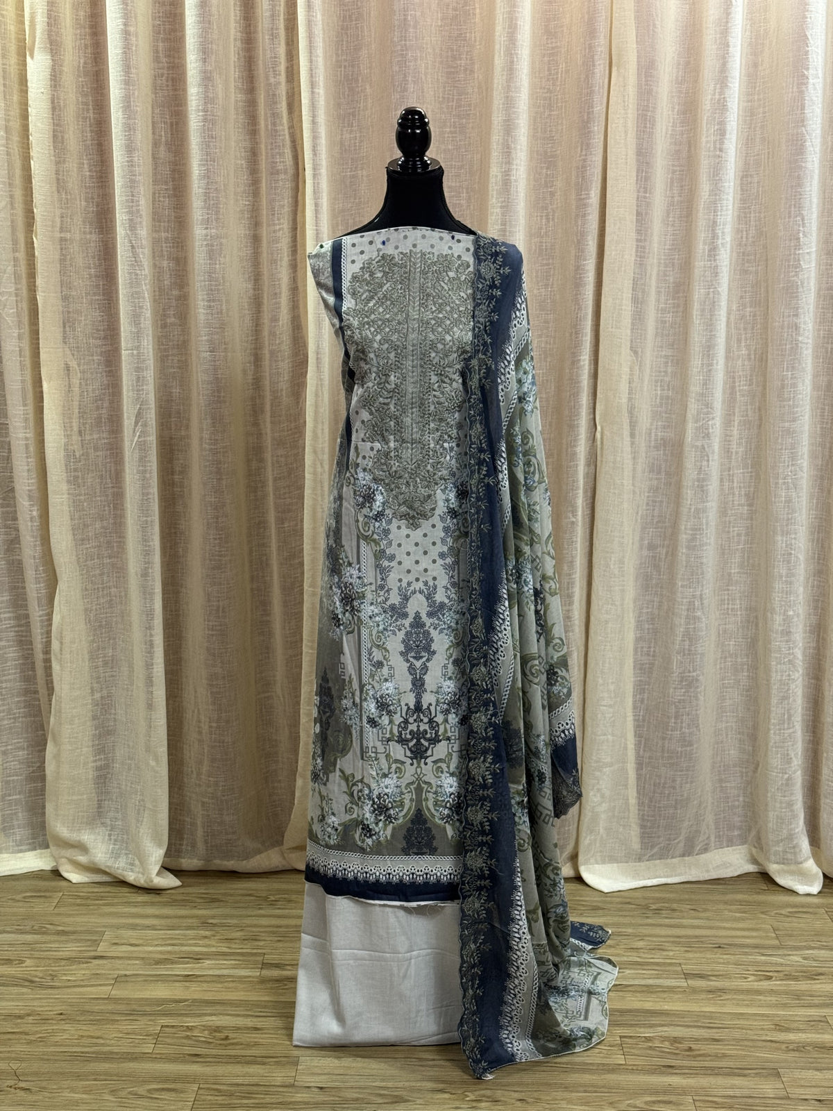 Inspired Shree Fab Silver Sage Green Unstitched Embroidered Cotton Suit