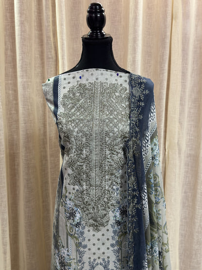 Inspired Shree Fab Silver Sage Green Unstitched Embroidered Cotton Suit