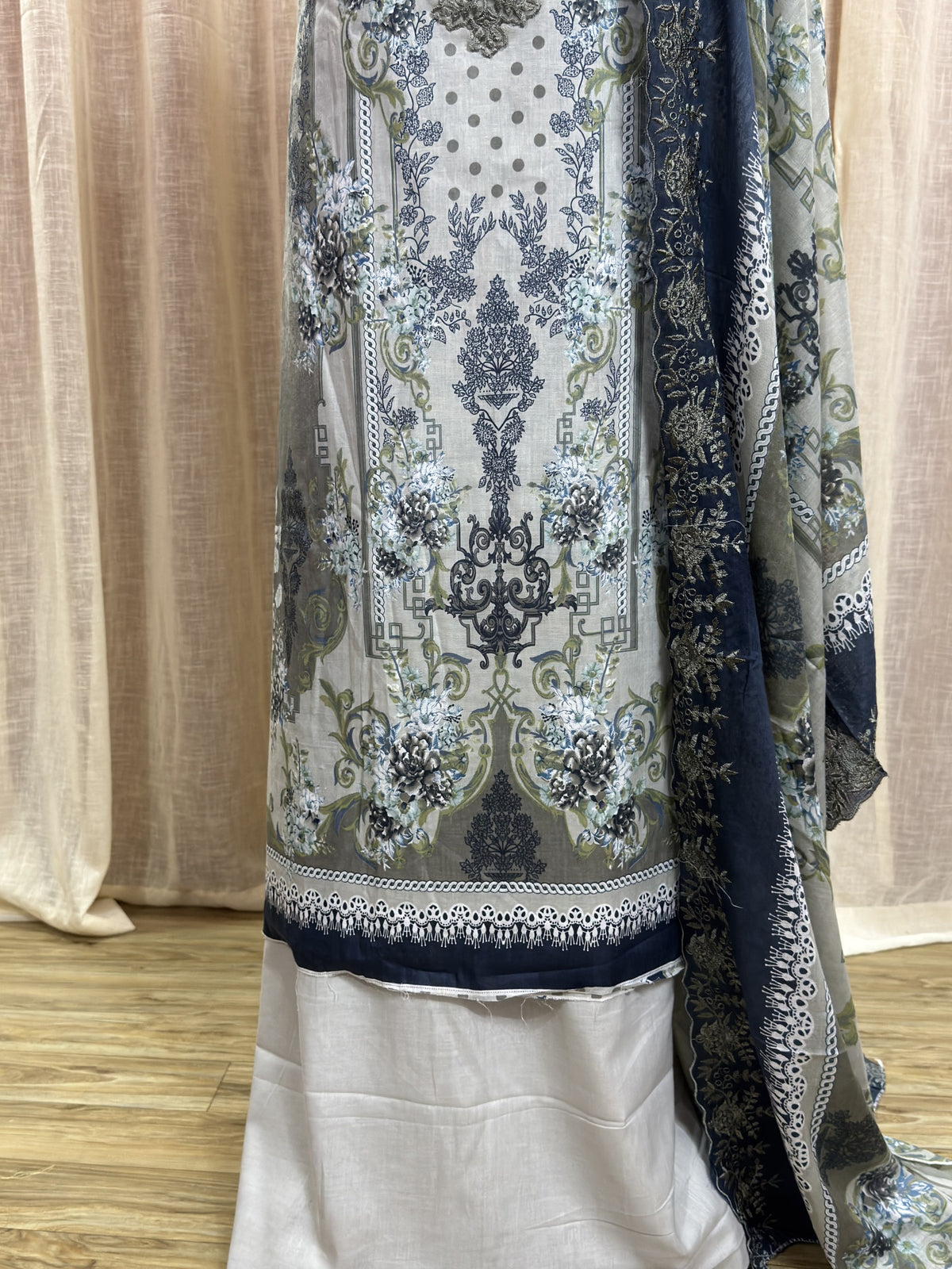 Inspired Shree Fab Silver Sage Green Unstitched Embroidered Cotton Suit