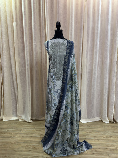 Inspired Shree Fab Silver Sage Green Unstitched Embroidered Cotton Suit
