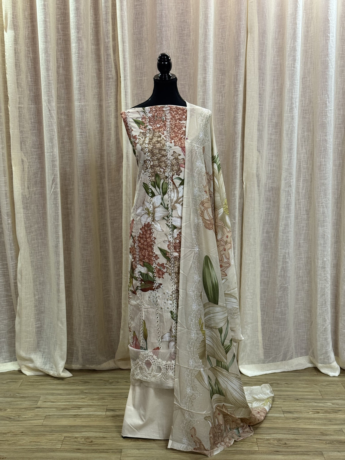 Inspired Maria B Ivory Bloom Unstitched Embroidered Patch Cotton Suit