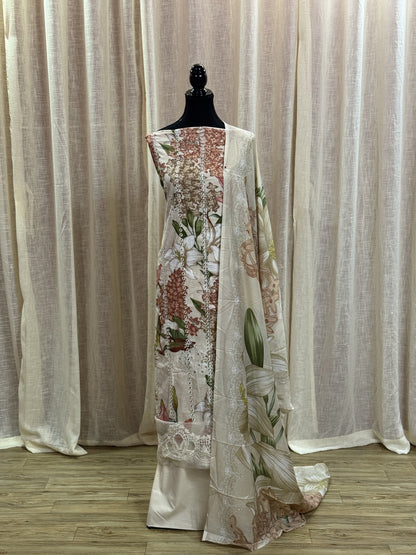 Inspired Maria B Ivory Bloom Unstitched Embroidered Patch Cotton Suit