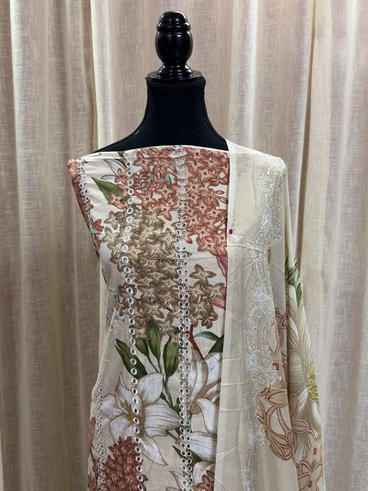 Inspired Maria B Ivory Bloom Unstitched Embroidered Patch Cotton Suit