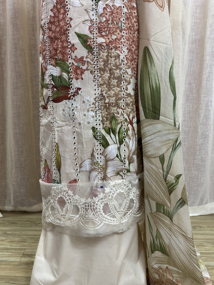 Inspired Maria B Ivory Bloom Unstitched Embroidered Patch Cotton Suit