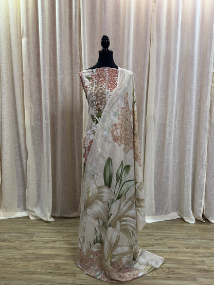 Inspired Maria B Ivory Bloom Unstitched Embroidered Patch Cotton Suit