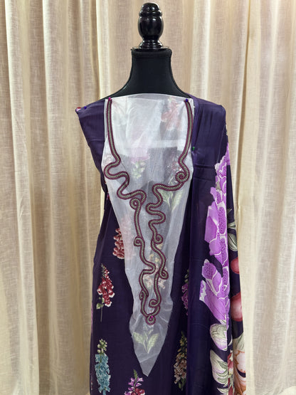 Inspired Maria B Indigo Unstitched Embroidered Patch Cotton Suit