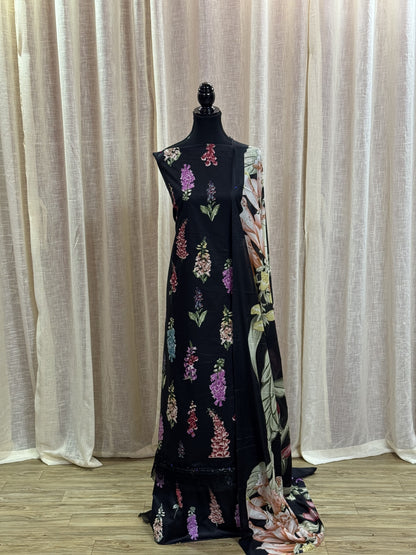 Inspired Maria B Black Unstitched Embroidered Patch Cotton Suit