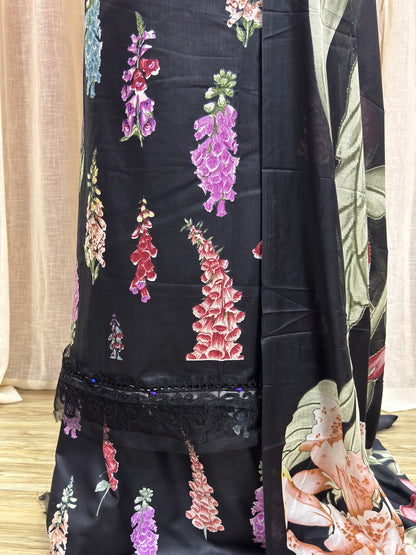 Inspired Maria B Black Unstitched Embroidered Patch Cotton Suit