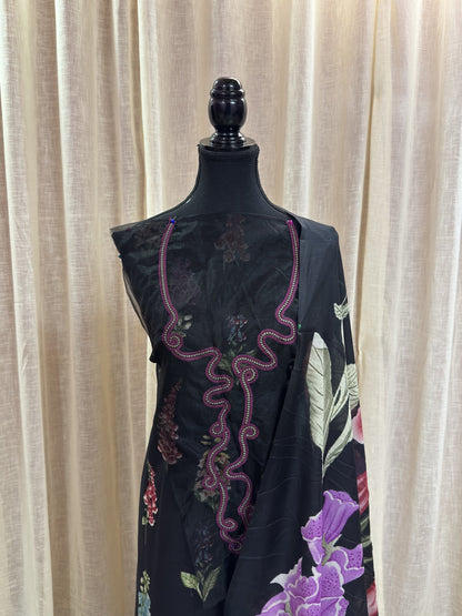 Inspired Maria B Black Unstitched Embroidered Patch Cotton Suit