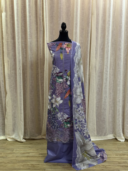 Inspired Maria B Purple Unstitched Embroidered Patch Cotton Suit