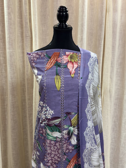 Inspired Maria B Purple Unstitched Embroidered Patch Cotton Suit