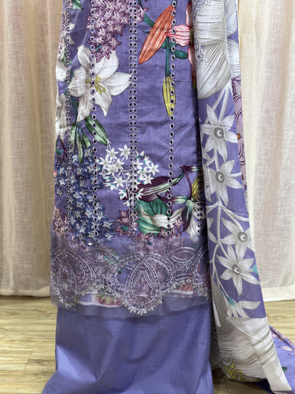 Inspired Maria B Purple Unstitched Embroidered Patch Cotton Suit