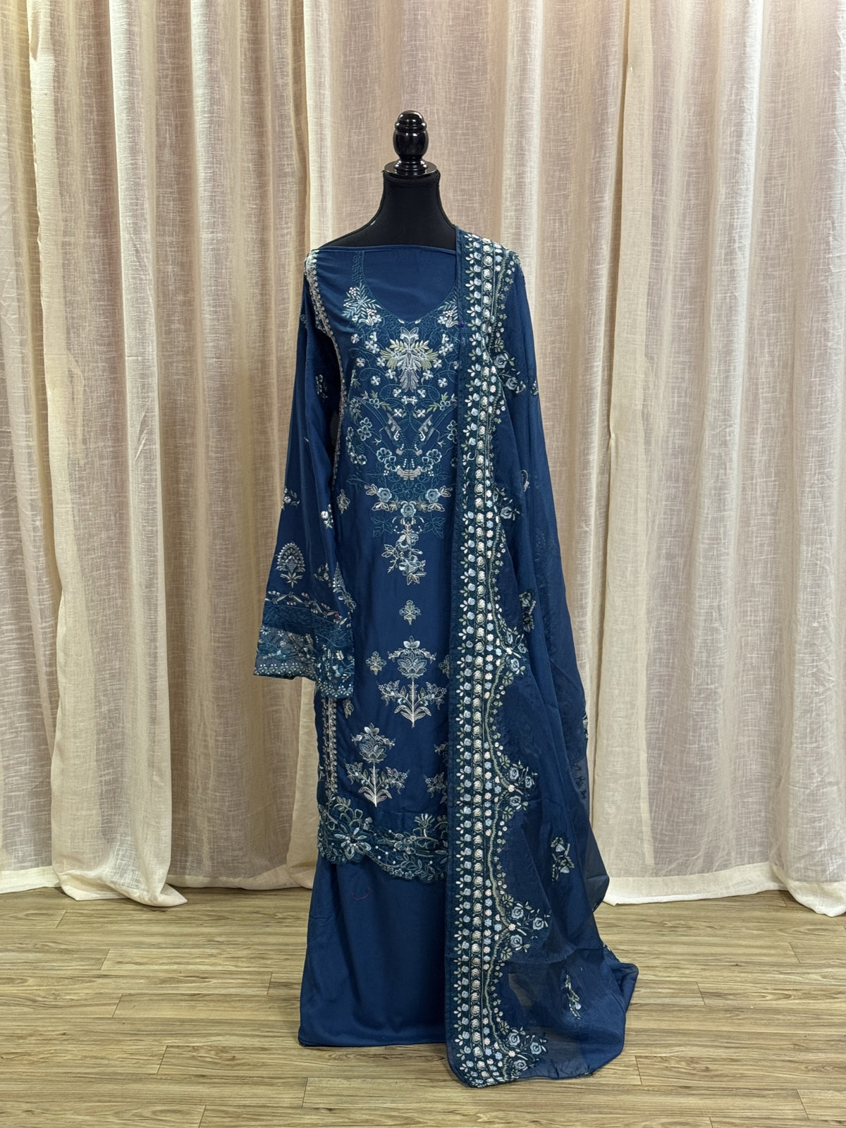 Inspired Kahf Midnight Teal Blue Semi-stitched Embroidered Cotton Suit