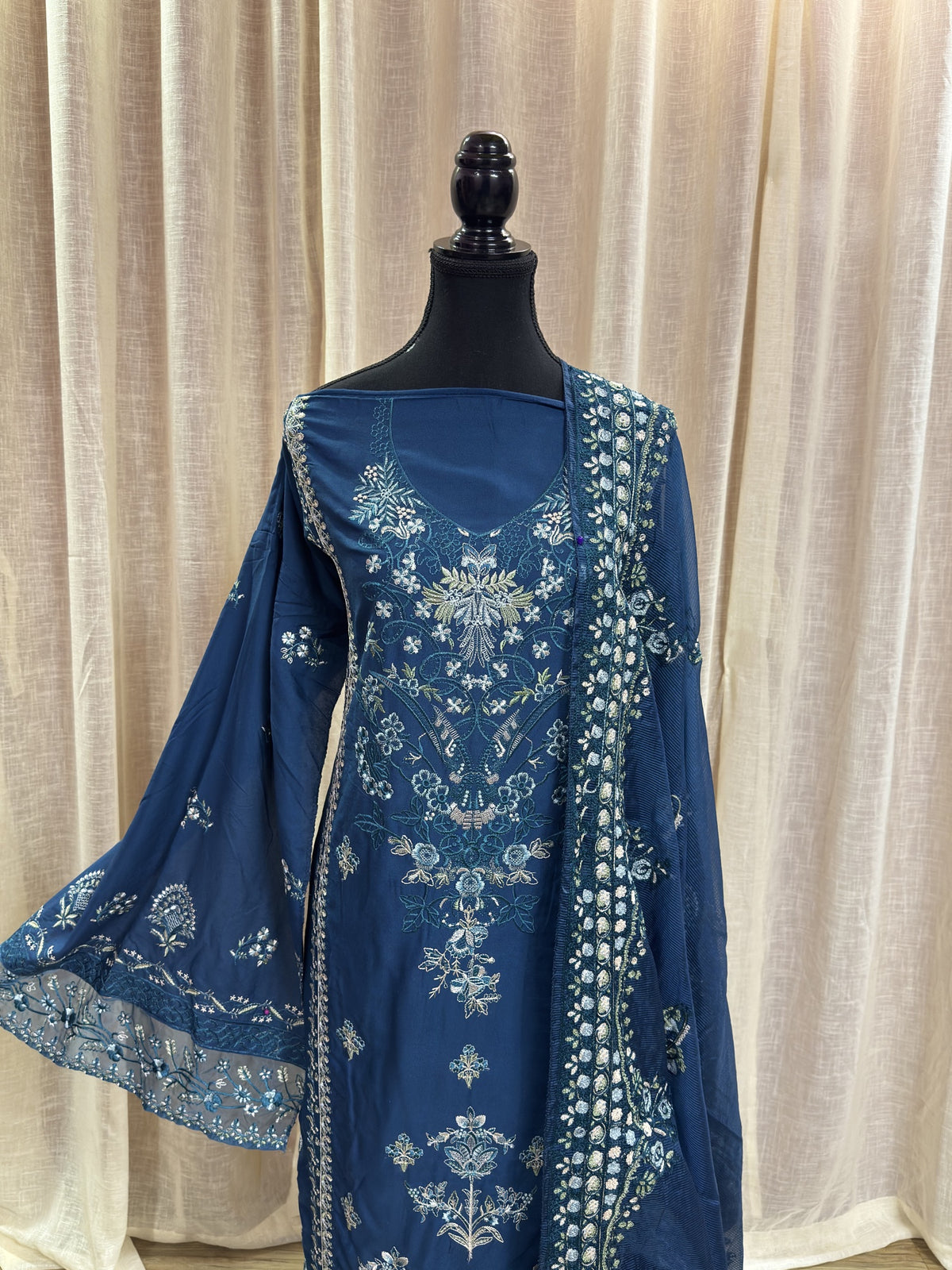 Inspired Kahf Midnight Teal Blue Semi-stitched Embroidered Cotton Suit