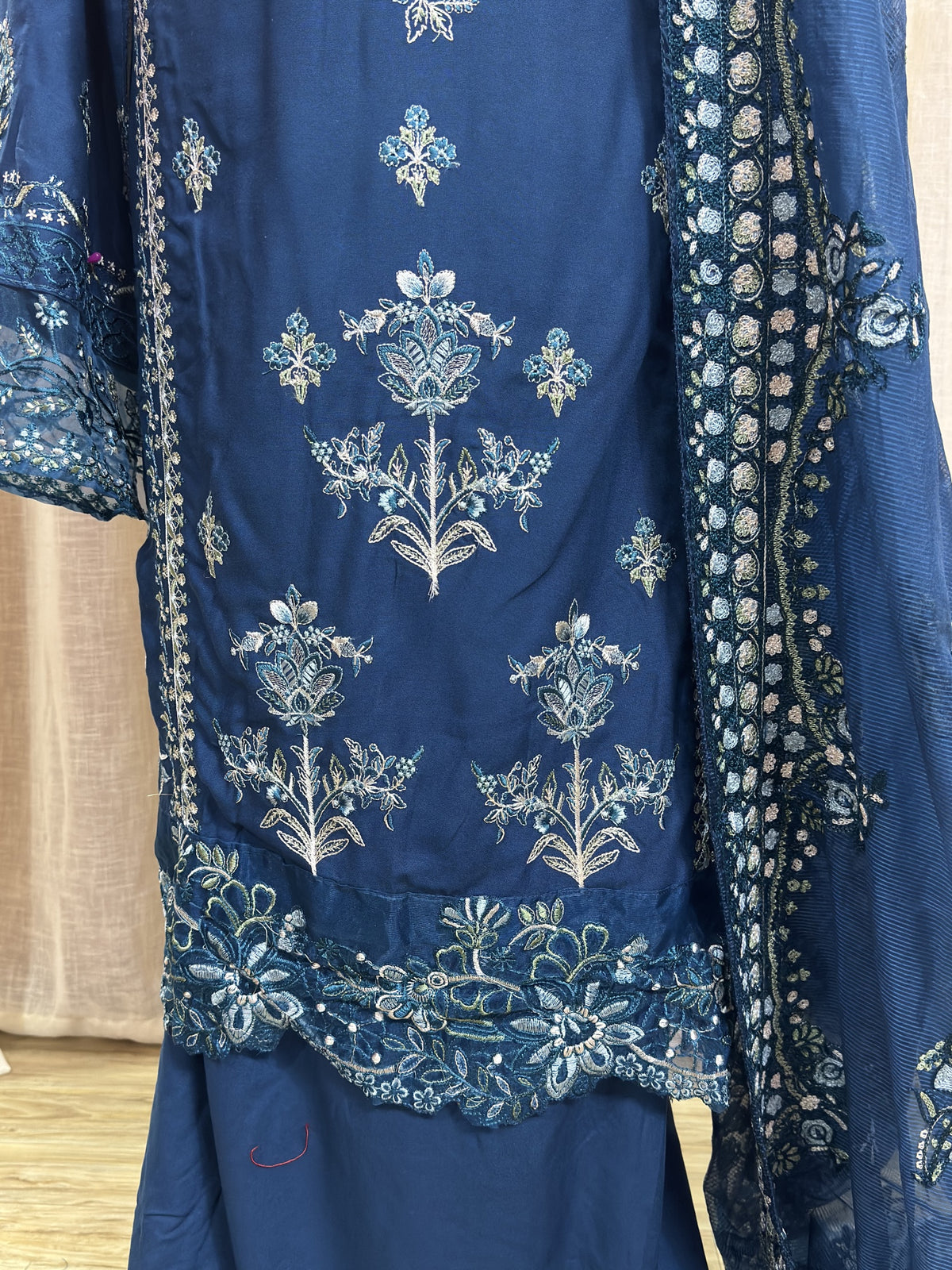 Inspired Kahf Midnight Teal Blue Semi-stitched Embroidered Cotton Suit