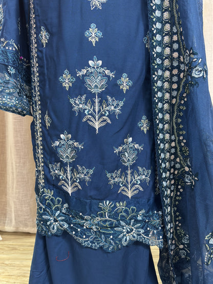 Inspired Kahf Midnight Teal Blue Semi-stitched Embroidered Cotton Suit