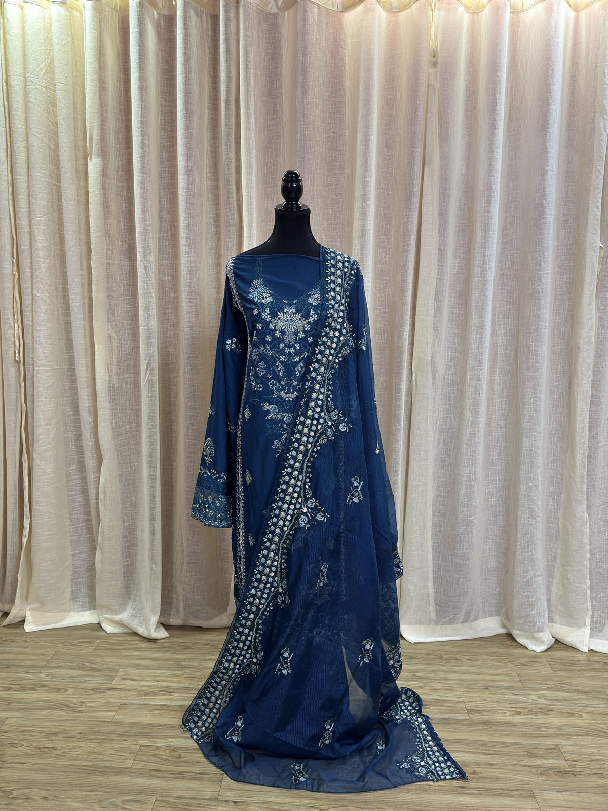 Inspired Kahf Midnight Teal Blue Semi-stitched Embroidered Cotton Suit