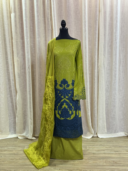 Inspired Maria B Lime Green Semi-stitched Embroidered Cotton Suit
