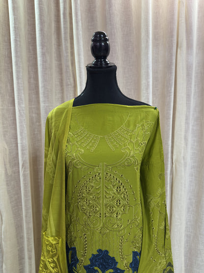 Inspired Maria B Lime Green Semi-stitched Embroidered Cotton Suit