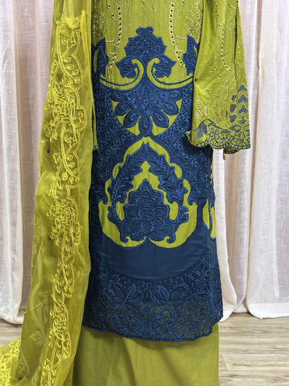 Inspired Maria B Lime Green Semi-stitched Embroidered Cotton Suit