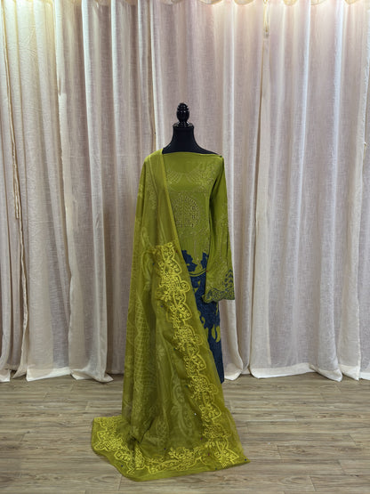 Inspired Maria B Lime Green Semi-stitched Embroidered Cotton Suit