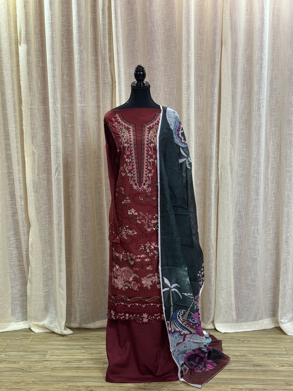 Inspired Ramsha Regal Maroon Semi-stitched Embroidered Cotton Suit