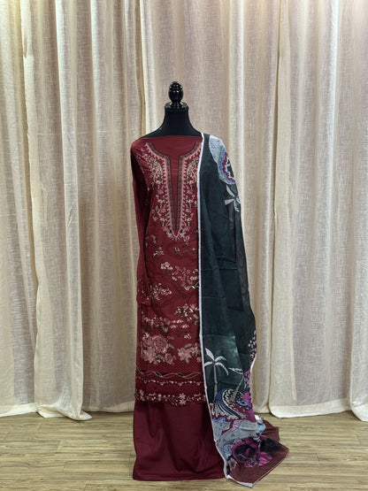 Inspired Ramsha Regal Maroon Semi-stitched Embroidered Cotton Suit