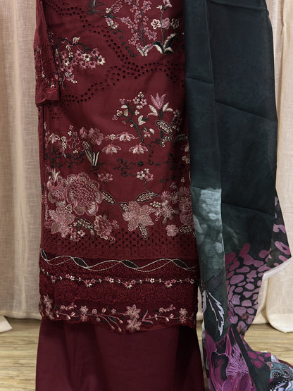 Inspired Ramsha Regal Maroon Semi-stitched Embroidered Cotton Suit