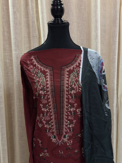 Inspired Ramsha Regal Maroon Semi-stitched Embroidered Cotton Suit