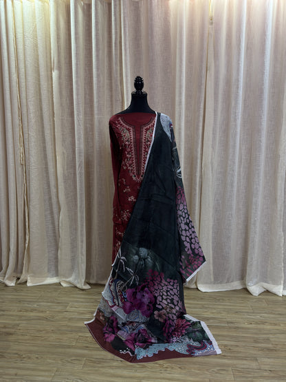 Inspired Ramsha Regal Maroon Semi-stitched Embroidered Cotton Suit