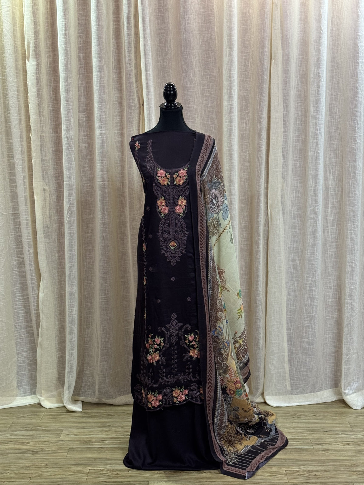 Inspired Zarqash Dark Cocoa Brown Unstitched Embroidered Cotton Suit