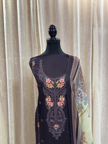 Inspired Zarqash Dark Cocoa Brown Unstitched Embroidered Cotton Suit